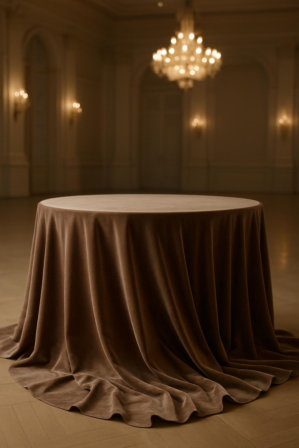 A table covered with a brown velvet tablecloth in a well-lit, grand ballroom setting.