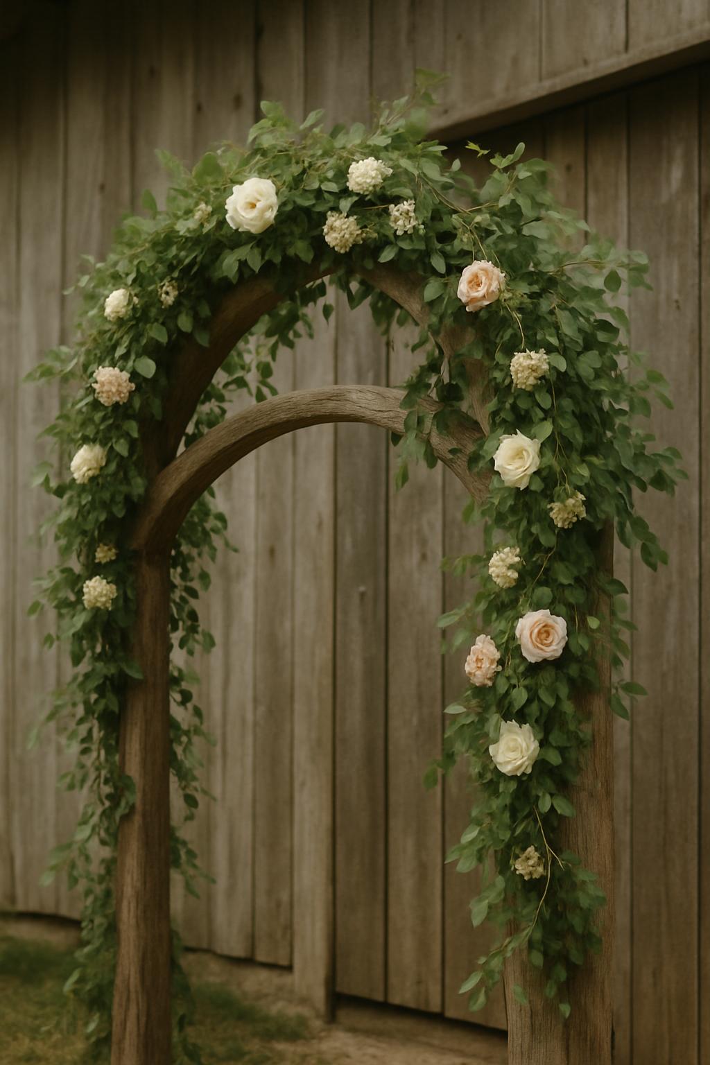 The image depicts a romantic, rustic floral archway made of pale wood, adorned with cascading green vines and delicate whi...